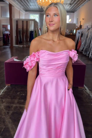 Off the Shoulder Satin A-Line Long Prom Dress with 3D Flowers