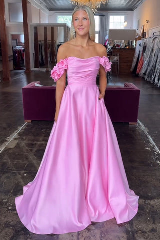 Off the Shoulder Satin A-Line Long Prom Dress with 3D Flowers