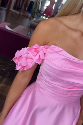 Off the Shoulder Satin A-Line Long Prom Dress with 3D Flowers