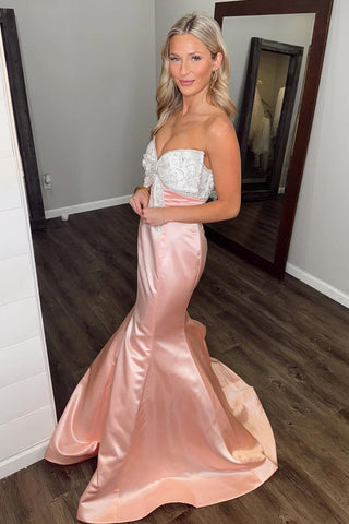 Blush Sweetheart Satin Mermaid Long Prom Dress with Bow