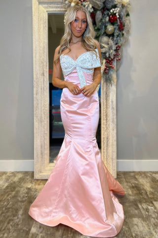 Blush Sweetheart Satin Mermaid Long Prom Dress with Bow