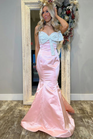 Blush Sweetheart Satin Mermaid Long Prom Dress with Bow
