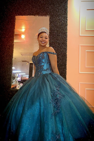 Peacock Blue Off the Shoulder Princess Appliqued Quinceanera Dress with Beading