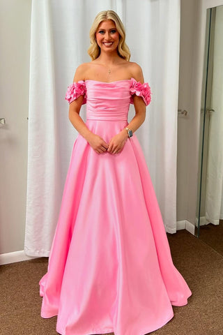 Off the Shoulder Satin A-Line Long Prom Dress with 3D Flowers