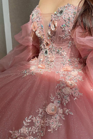 Off the Shoulder Long Sleeves Ball Gown Tulle Applique Quinceanera Dress