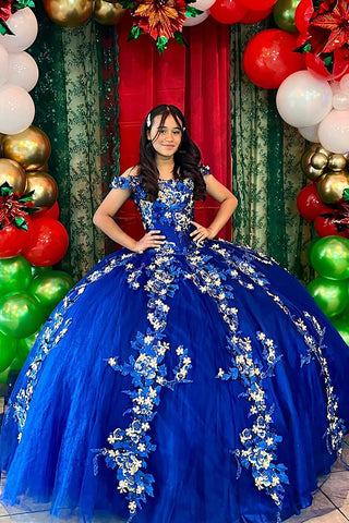 Off the Shoulder Tulle Princess  Applique Quinceanera Dress with Train