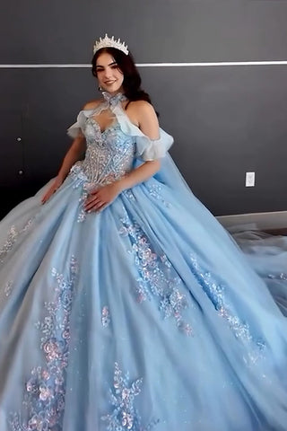 Robe de bal en tulle à décolleté cœur, ornée d'appliqués et de perles, pour quinceañera.