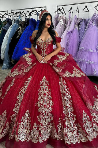 Off the Shoulder Ball Gown Tulle Quinceanera Dress with Gold Applique