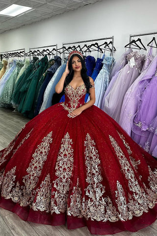 Off the Shoulder Ball Gown Tulle Quinceanera Dress with Gold Applique