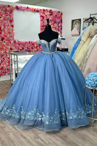 Sparkly Grey Blue Princess Off the Shoulder Tulle Quinceanera Dress with Appliques