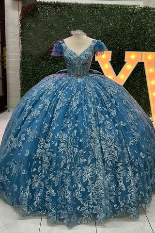 Grey Blue V-Neck Short Sleeves Princess Appliqued Quinceanera Dress with Train