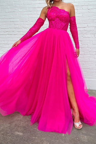 A Line One Shoulder Fuchsia Corset Prom Dress with Split Front