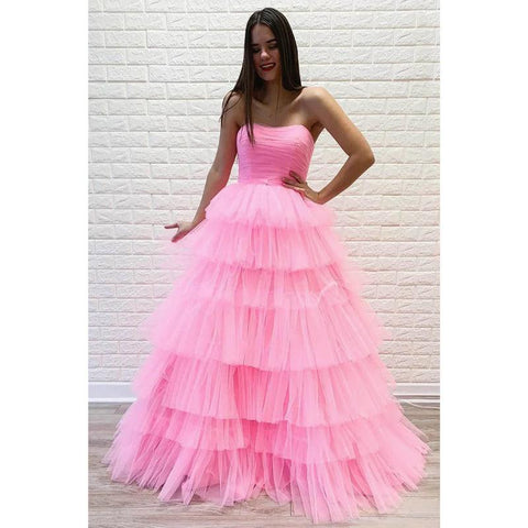 Vestido de fiesta largo de tul rosa sin tirantes, único, con capas en forma de A 