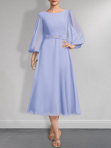 A-line Scoop Tea-Length Chiffon Mother of the Bride Dress With Crystal Brooch Pleated