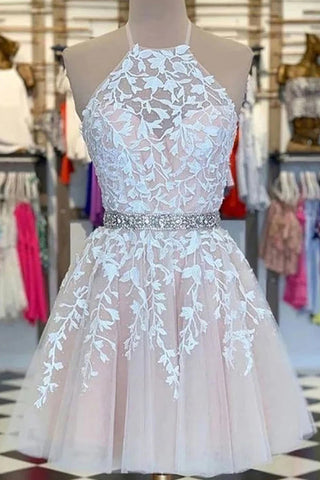 A Line Halter Backless Homecoming Dress