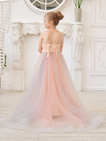 A-line Satin Tulle Sweep Train Champagne Dress (010226776)