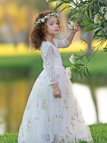 Floral Lace Embroidered Tulle A-Line Full-Length Garden Flower Girl Dress