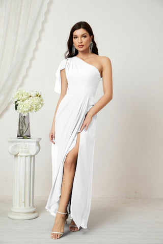 Robe de demoiselle d'honneur longue en mousseline de soie à volants et à une épaule, coupe trapèze, robe de soirée formelle fendue sur le côté, 2809