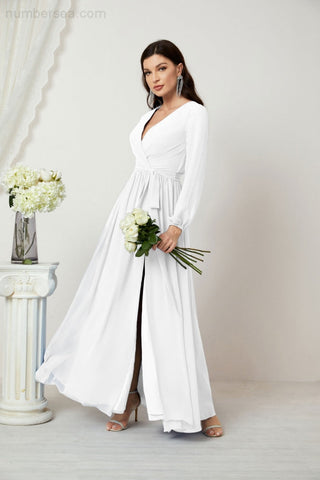 Sunnderly Evening Dresses Deep V-Neck Chiffon Bridesmaid Dresses Long Bishop Sleeve Side Split Formal Dress SY2806
