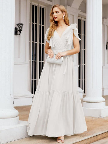 Baoleely Women's Open Back Formal Evening Party Prom Gowns V-Neck Long Chiffon Bridesmaid Dresses with Waist Belt 28038