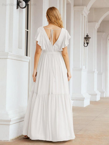 Baoleely Women's Open Back Formal Evening Party Prom Gowns V-Neck Long Chiffon Bridesmaid Dresses with Waist Belt 28038