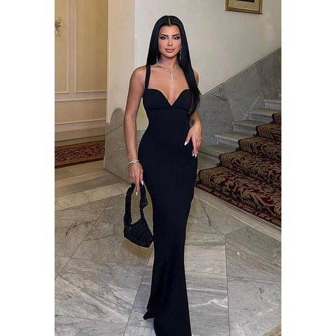 Vestido de fiesta de noche elegante, sexy y atractivo, con tirantes, escote en V, sin espalda