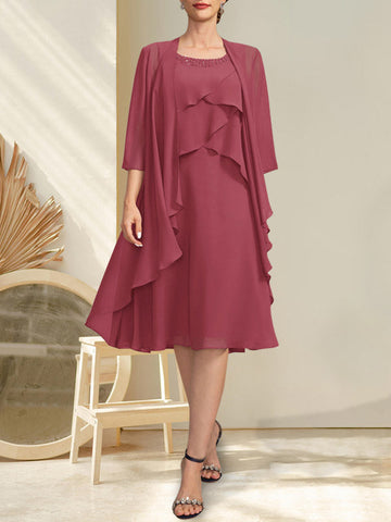 A-line Scoop Knee-Length Chiffon Mother of the Bride Dress With Beading