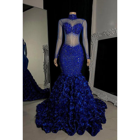 Vestido de fiesta de tul con mangas largas, cuello alto, lentejuelas y cuentas, corte trompeta/sirena