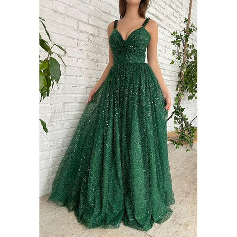 Robe de bal longue verte scintillante à bretelles spaghetti et paillettes avec poches pour femme 