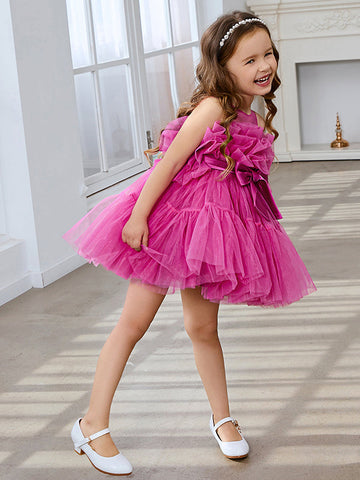 Enchanting Pink Princess Sleeveless Tulle Flower Girl Dress with Bow Accent (010224355)