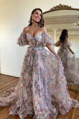 Gorgeous A Line Off the Shoulder Pink Floral Printed Corset Prom Dress with Sweep Train