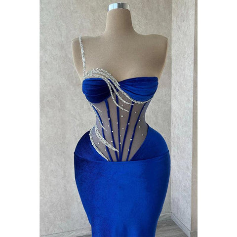 Vestido largo de fiesta de terciopelo con un solo hombro y cuentas, ilusión, vestidos de noche 