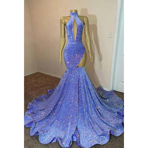 Vestido de fiesta glamuroso y dramático de corte sirena, sin mangas, con volantes y cuello alto