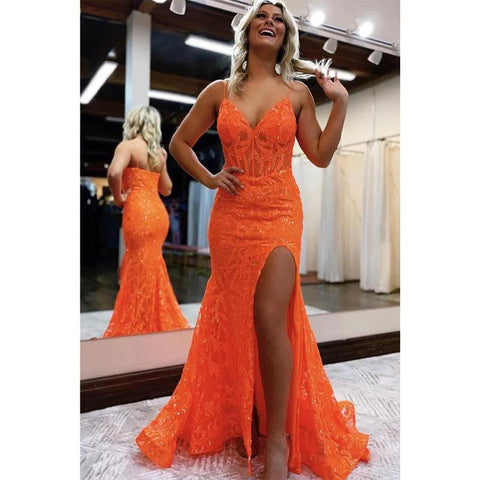 Vestido de fiesta sexy de sirena con escote en V, apliques de lentejuelas y abertura brillante