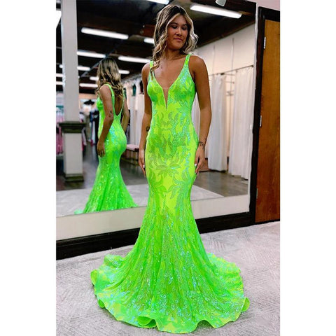 Vestido de fiesta de sirena con apliques de lentejuelas y escote en V sexy 