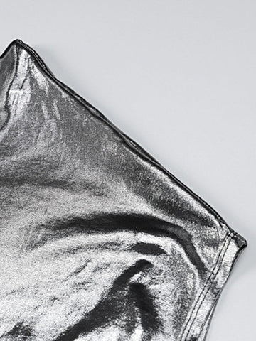 Skinny Asymmetric Shiny Solid Color Split-Joint One-Shoulder Evening Dresses Mini Dresses