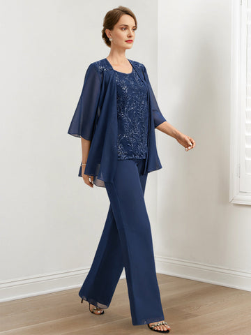 Traje pantalón de gasa para la madre de la novia con lentejuelas y chaqueta 