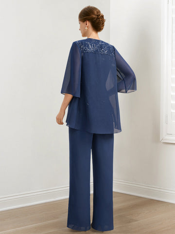 Traje pantalón de gasa para la madre de la novia con lentejuelas y chaqueta 