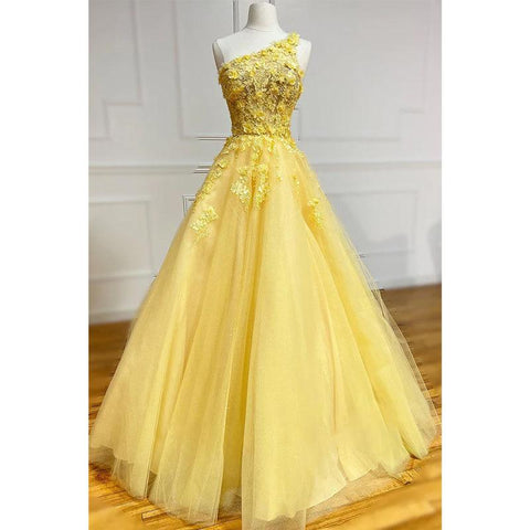 Robe de bal jaune unique à une épaule avec appliques 3D 