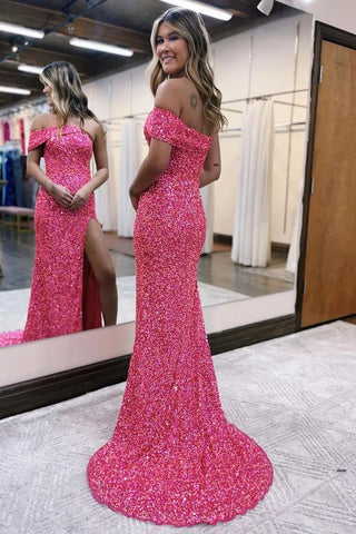 Robe de bal longue sirène bustier rose fuchsia à sequins et fente sur le devant