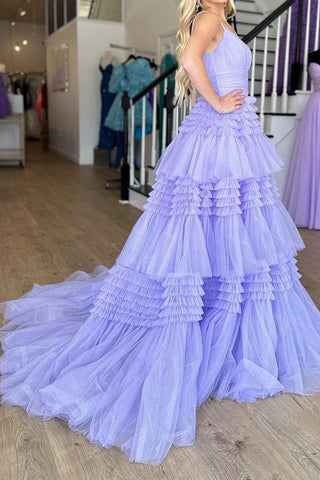 Gorgeous A Line Spaghetti Straps Lavender Long Prom Dress with Ruffles