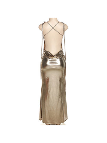 Metallic Coated Deep Neck Backless Evening Dress