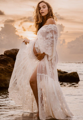 White lace short-sleeved maternity dress maternity v-neck maternity evening dress