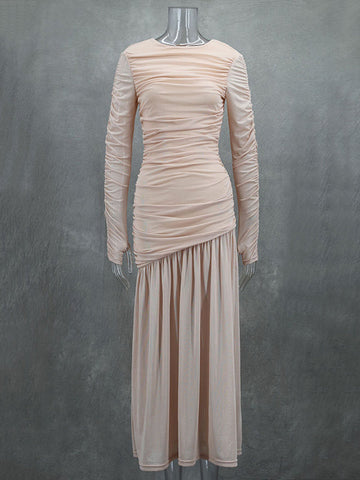 Long Sleeves Skinny Pleated See-Through Solid Color Split-Joint Round-Neck Evening Dresses Maxi Dresses