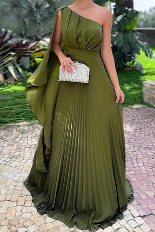 Vestidos de noche elegantes, lisos, con pliegues, orillo y cuello oblicuo plisado. 