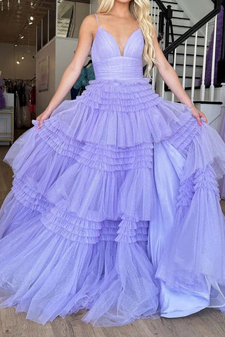 Tulle Tiered Spaghetti Straps Long Prom Dress with Slit
