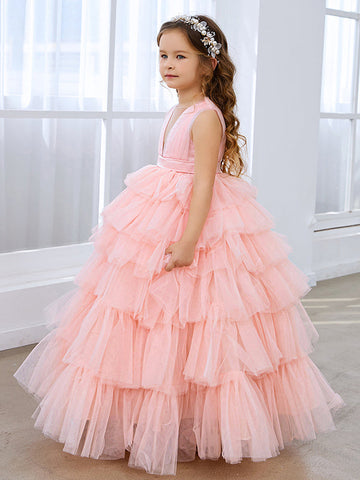 Ball-Gown/Princess Pearl Pink Sleeveless Tulle Bow Flower Girl Dress