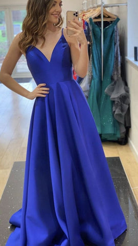 Robe de soirée bleu roi en satin, coupe trapèze, col en V, robe de fin d'études Y433