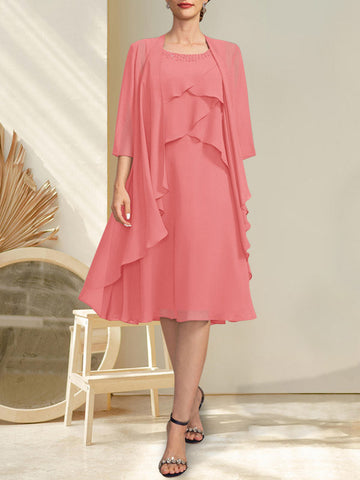 A-line Scoop Knee-Length Chiffon Mother of the Bride Dress With Beading