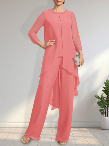 Separates Jumpsuit/Pantsuit Scoop Floor-Length Chiffon Mother of the Bride Dress With Sequins Beading